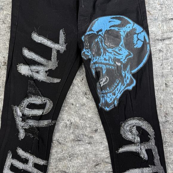GFTD Los Angeles‎ Jeans Mens 36x33 Black White Death To All Skull Distressed - Picture 3 of 13